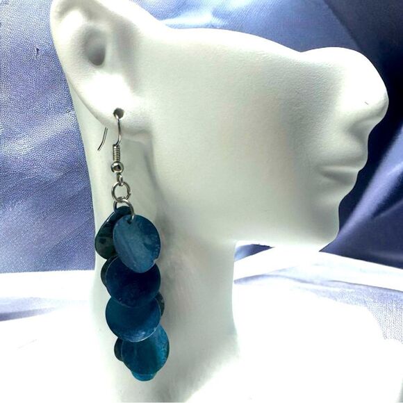 Vintage l Seashell Dangle Earrings l 3” l Blue/Orange l Hook l EUC - Picture 3 of 12